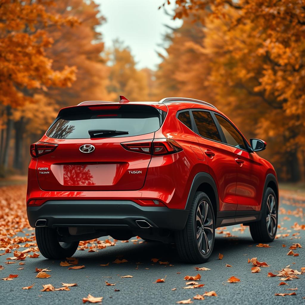 A sleek red Hyundai Tucson 2022 displayed at a dynamic angle from the rear, highlighting its contemporary lines and glossy finish