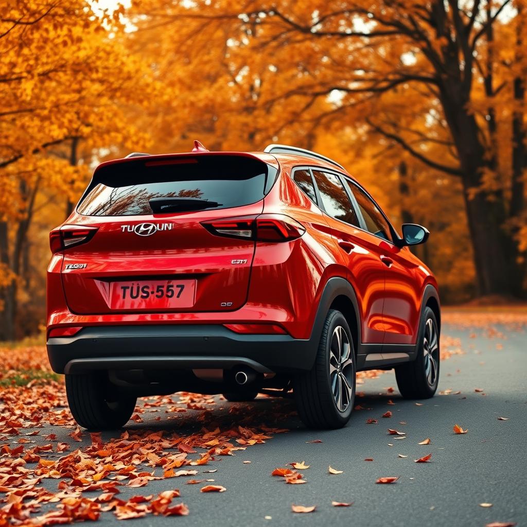 A sleek red Hyundai Tucson 2022 displayed at a dynamic angle from the rear, highlighting its contemporary lines and glossy finish