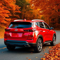 A sleek red Hyundai Tucson 2022 displayed at a dynamic angle from the rear, highlighting its contemporary lines and glossy finish