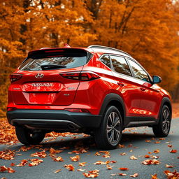 A sleek red Hyundai Tucson 2022 showcased at a dynamic angle from the rear, emphasizing its modern contours and glossy finish