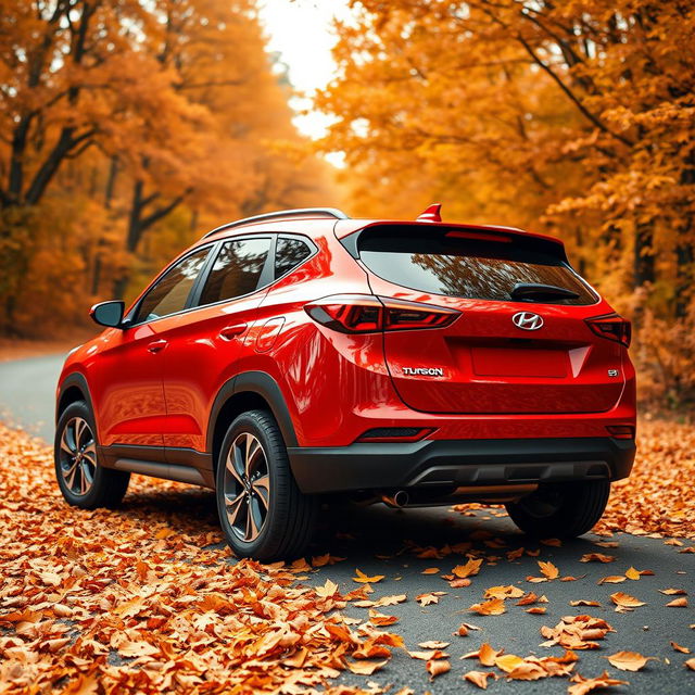 A sleek red Hyundai Tucson 2022 showcased at a dynamic angle from the rear, emphasizing its modern contours and glossy finish