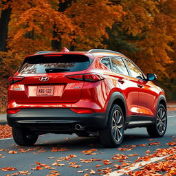 A sleek red Hyundai Tucson 2022 showcased at a dynamic angle from the rear, emphasizing its modern contours and glossy finish