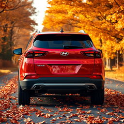 A sleek red Hyundai Tucson 2022 showcased at a dynamic angle from the rear, emphasizing its modern contours and glossy finish