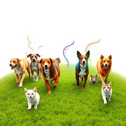 A serene scene depicting dogs and cats joyfully walking on lush green grass