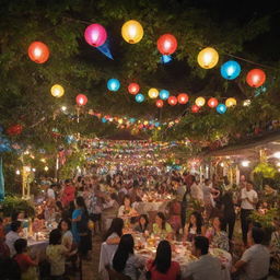 A festive scene of Christmas celebration in the Philippines. Include colorful lanterns, families enjoying a feast of traditional Filipino Christmas foods, with joyous children around a tropical Christmas tree.