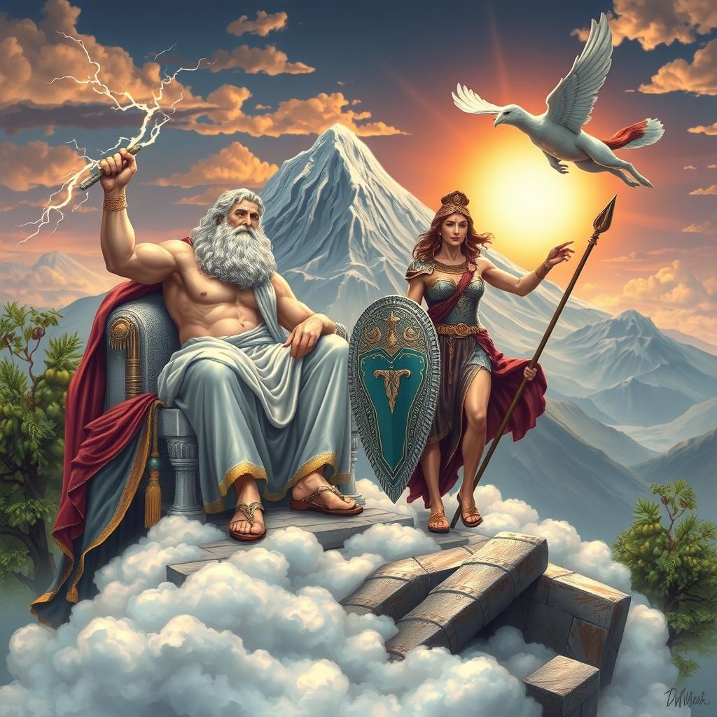 A beautifully detailed scene depicting Greek mythology with iconic figures such as Zeus, Hermes, and Athena