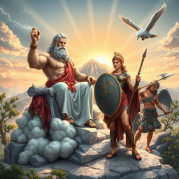 A beautifully detailed scene depicting Greek mythology with iconic figures such as Zeus, Hermes, and Athena