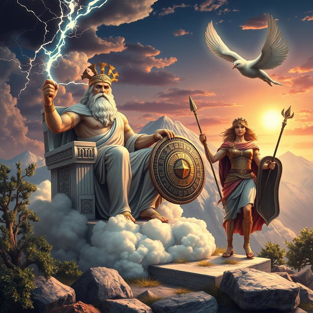 A beautifully detailed scene depicting Greek mythology with iconic figures such as Zeus, Hermes, and Athena