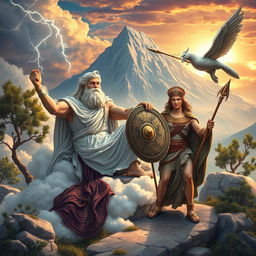 A beautifully detailed scene depicting Greek mythology with iconic figures such as Zeus, Hermes, and Athena