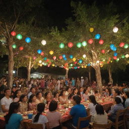 A festive scene of Christmas celebration in the Philippines. Include colorful lanterns, families enjoying a feast of traditional Filipino Christmas foods, with joyous children around a tropical Christmas tree.