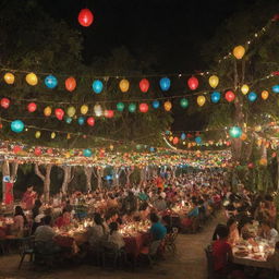 A festive scene of Christmas celebration in the Philippines. Include colorful lanterns, families enjoying a feast of traditional Filipino Christmas foods, with joyous children around a tropical Christmas tree.