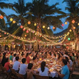 A festive scene of Christmas celebration in the Philippines. Include colorful lanterns, families enjoying a feast of traditional Filipino Christmas foods, with joyous children around a tropical Christmas tree.