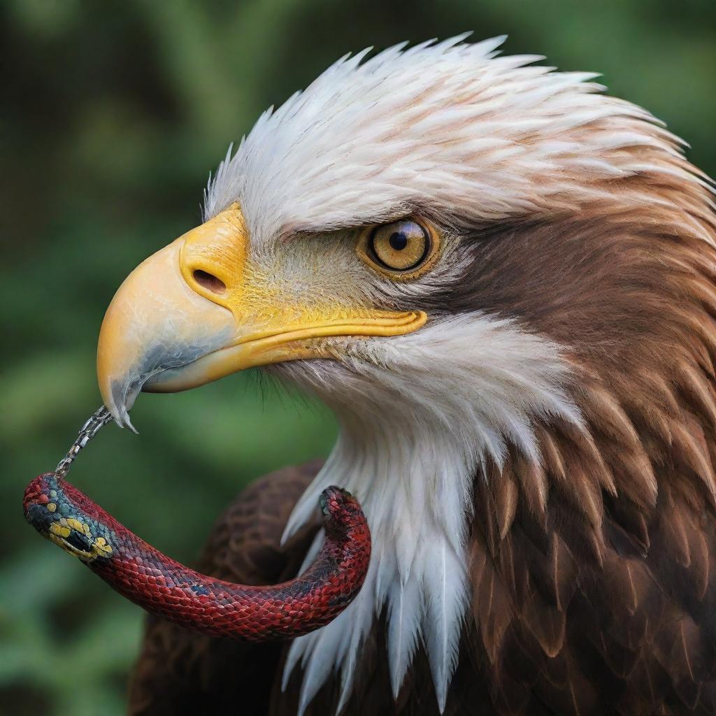 A majestic eagle with piercing eyes, grasping a writhing snake in its sharp talons, all rendered in vibrant colors.