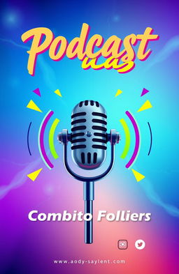 A vibrant and engaging podcast cover design featuring a modern microphone in the center, surrounded by colorful sound waves emanating from it