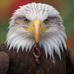 A majestic eagle with piercing eyes, grasping a writhing snake in its sharp talons, all rendered in vibrant colors.