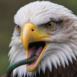 A majestic eagle with piercing eyes, grasping a writhing snake in its sharp talons, all rendered in vibrant colors.