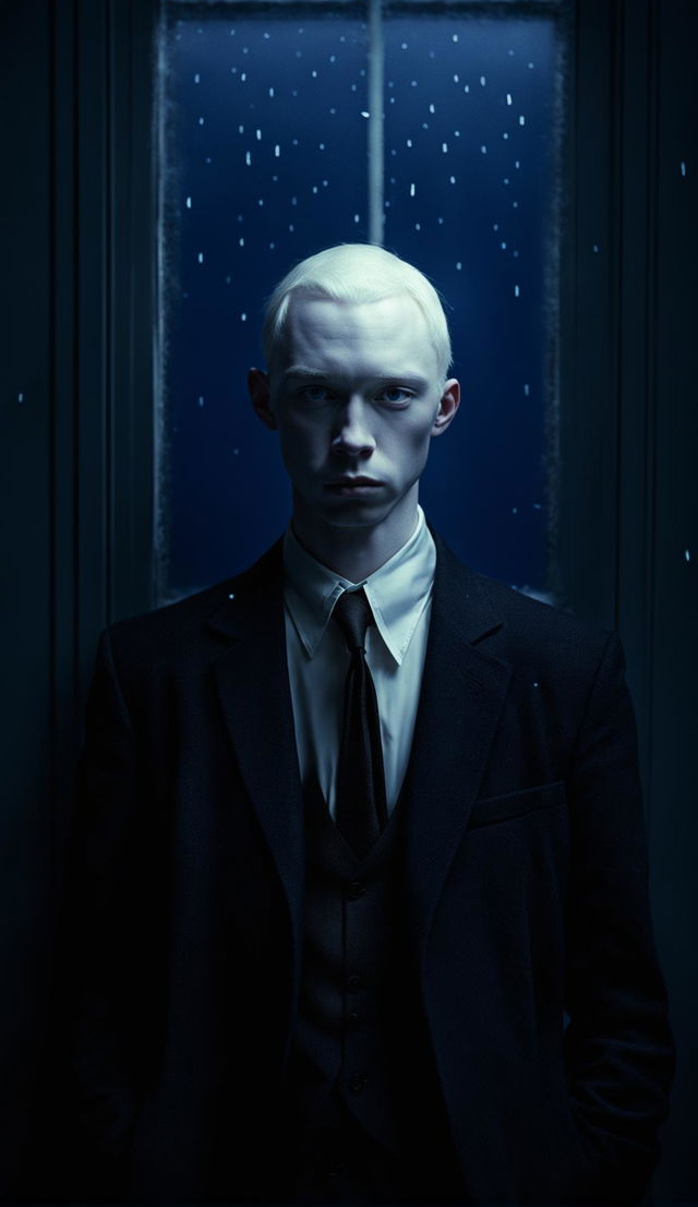 Albino young man in black suit in a minimalist blue room under dim light. Snow visible through window. Raw, unedited 16k photograph capturing front view of symmetrical facial features.