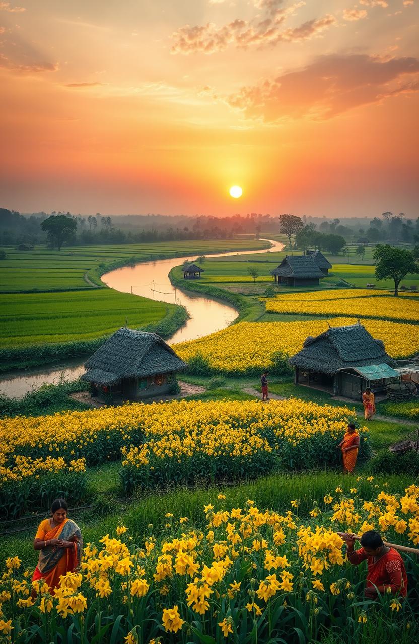 A stunning rural landscape depicting the essence of Bengali culture during the months of Kartik and Agrhayan