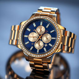 A luxurious and elegantly designed wristwatch, featuring a gold and silver stainless steel band, a polished round case, and sparkling diamond hour markers