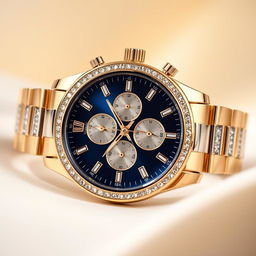 A luxurious and elegantly designed wristwatch, featuring a gold and silver stainless steel band, a polished round case, and sparkling diamond hour markers