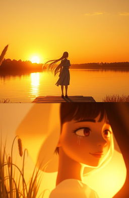 A lone figure of a girl standing on a bridge with her back to the viewer, gazing out over a serene body of water at sunset