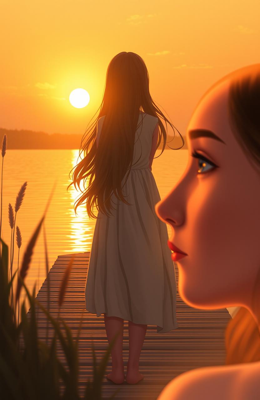 A lone figure of a girl standing on a bridge with her back to the viewer, gazing out over a serene body of water at sunset