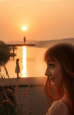 A lone figure of a girl standing on a bridge with her back to the viewer, gazing out over a serene body of water at sunset