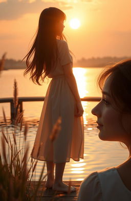 A lone figure of a girl standing on a bridge with her back to the viewer, gazing out over a serene body of water at sunset