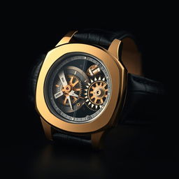 A luxurious and uniquely designed wristwatch that features an avant-garde style with only two intricately crafted wheels visible in the center