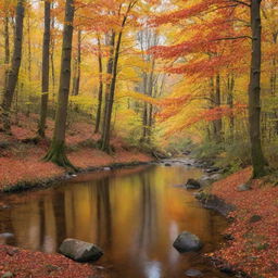 An enchanting forest during autumn with vibrant orange and yellow leaves, populated by a variety of wildlife and a pristine, flowing river reflecting the beautiful colors of the forest.