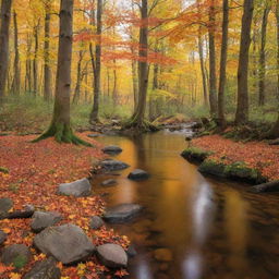 An enchanting forest during autumn with vibrant orange and yellow leaves, populated by a variety of wildlife and a pristine, flowing river reflecting the beautiful colors of the forest.