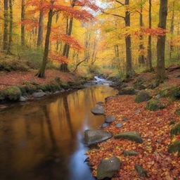 An enchanting forest during autumn with vibrant orange and yellow leaves, populated by a variety of wildlife and a pristine, flowing river reflecting the beautiful colors of the forest.