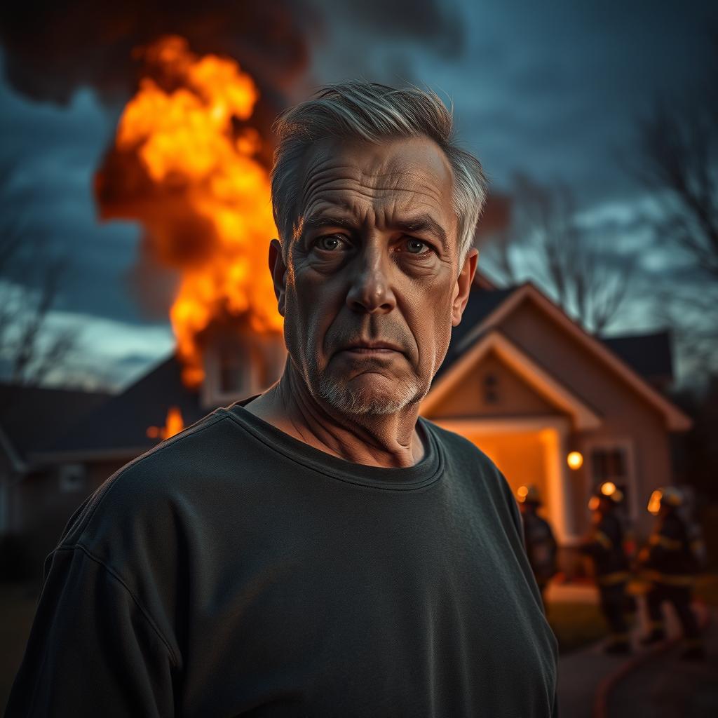 A chaotic and dramatic scene of a middle-aged man standing outside a house engulfed in flames, his expression a mixture of disbelief and rage