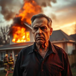 A chaotic and dramatic scene of a middle-aged man standing outside a house engulfed in flames, his expression a mixture of disbelief and rage