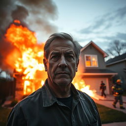 A chaotic and dramatic scene of a middle-aged man standing outside a house engulfed in flames, his expression a mixture of disbelief and rage