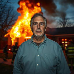 A chaotic and dramatic scene of a middle-aged man standing outside a house engulfed in flames, his expression a mixture of disbelief and rage