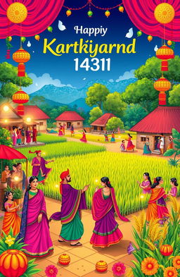 A vibrant and colorful illustration representing the Bengali festivals of Kartik and Agrhayan in the year 1431