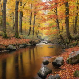 An enchanting forest during autumn with vibrant orange and yellow leaves, populated by a variety of wildlife and a pristine, flowing river reflecting the beautiful colors of the forest.