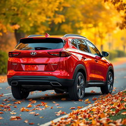 A sleek red Hyundai Tucson 2022 showcased from a dynamic rear angle, capturing the smooth lines and modern design of the SUV