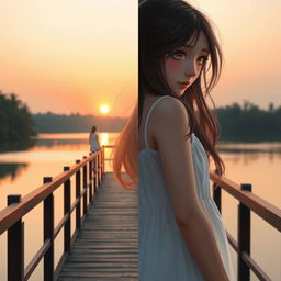 A lone figure of a girl standing on a bridge, with her back to the viewer, looking out over a calm body of water, surrounded by lush nature