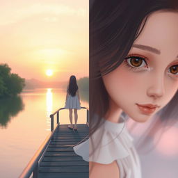 A lone figure of a girl standing on a bridge, with her back to the viewer, looking out over a calm body of water, surrounded by lush nature