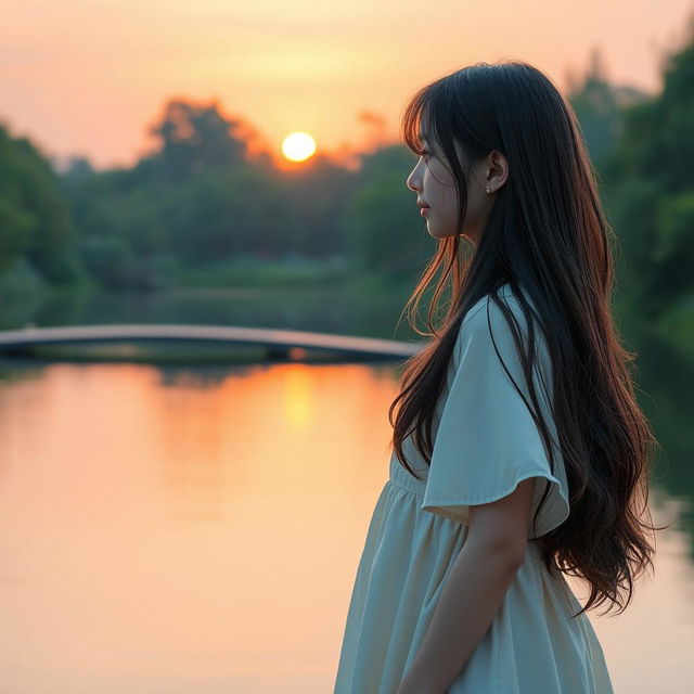 A lone figure of a girl standing on a bridge, with her back to the viewer, looking out over a calm body of water, surrounded by lush nature