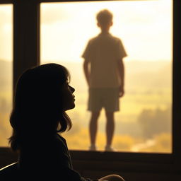 A silhouette of a boy standing in the distance, slightly out of focus, creating an ethereal sense of him being 'beyond' or unreachable