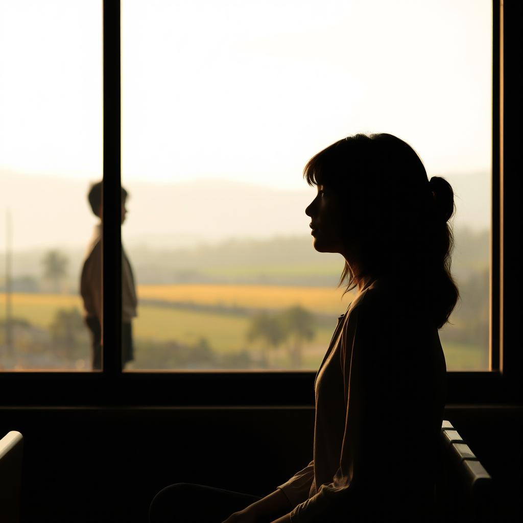 A silhouette of a boy standing in the distance, slightly out of focus, creating an ethereal sense of him being 'beyond' or unreachable