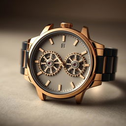 A luxurious and uniquely designed wristwatch prominently featuring two intricate wheels in the center, showcasing an innovative mechanical movement