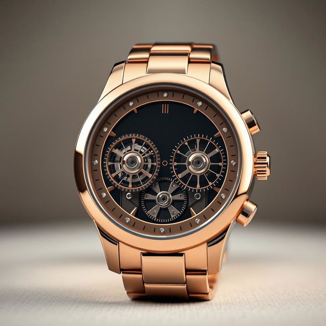 A luxurious and uniquely designed wristwatch prominently featuring two intricate wheels in the center, showcasing an innovative mechanical movement