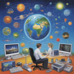 Illustrate a vivid depiction of the impact of science and technology on society, showing computers, mobile devices, scientific research advancements, internet connectivity, and eco-friendly technologies.