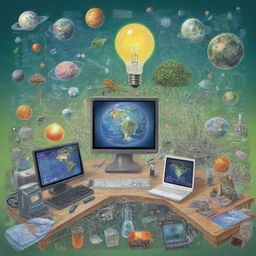 Illustrate a vivid depiction of the impact of science and technology on society, showing computers, mobile devices, scientific research advancements, internet connectivity, and eco-friendly technologies.