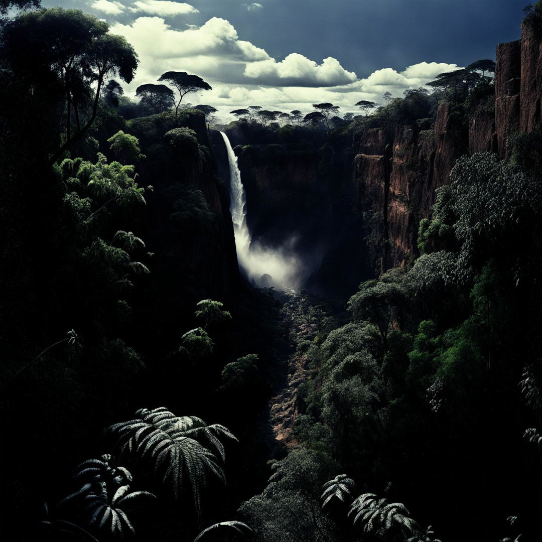 Different shot of an intense, vibrant high-definition cinema photography style of an African jungle with a dramatic waterfall and intense cliffs.