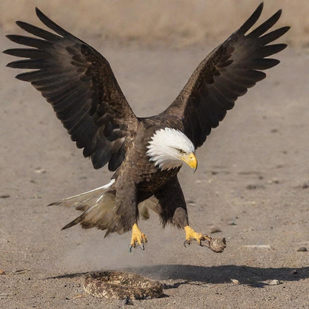 A powerful eagle in flight, with sharp talons extended, in a dramatic scene with a rattlesnake poised to strike back.